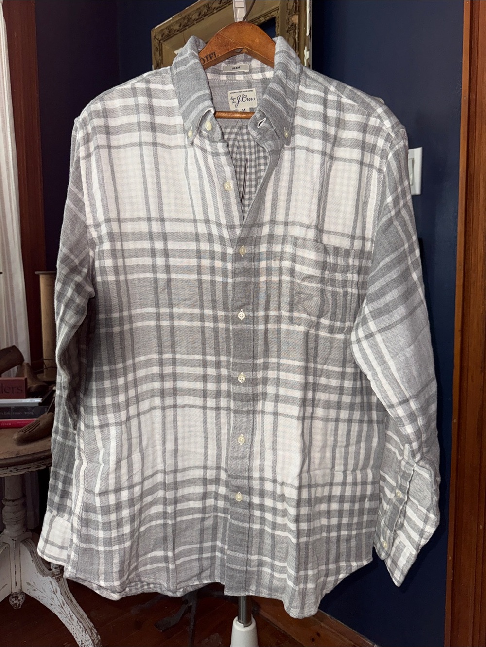 J. Crew Men's Gray & White Plaid Button-Down Shirt